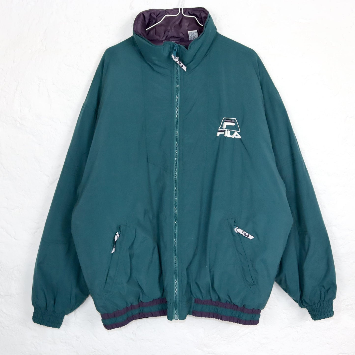 Vintage 80s 90s FILA winter jacket lined green purple bomber jacket stand-up collar XL