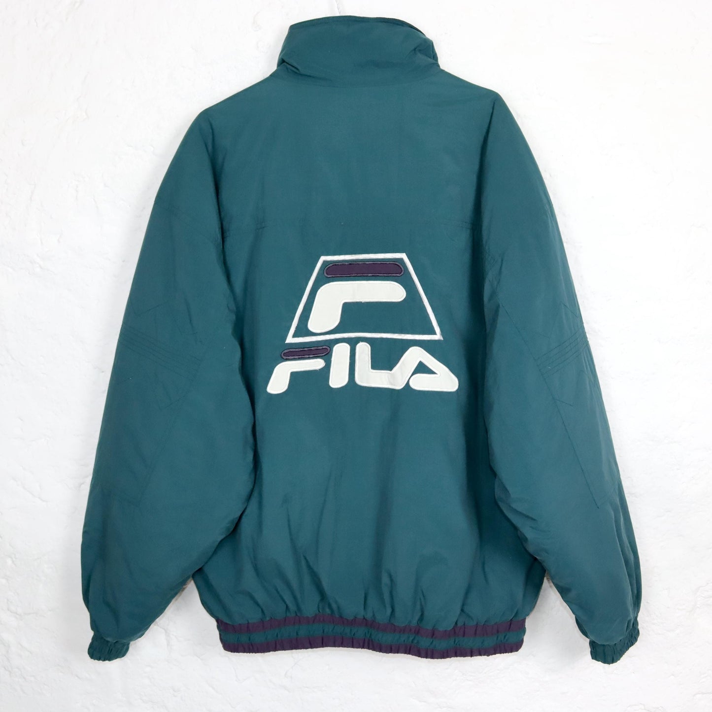 Vintage 80s 90s FILA winter jacket lined green purple bomber jacket stand-up collar XL