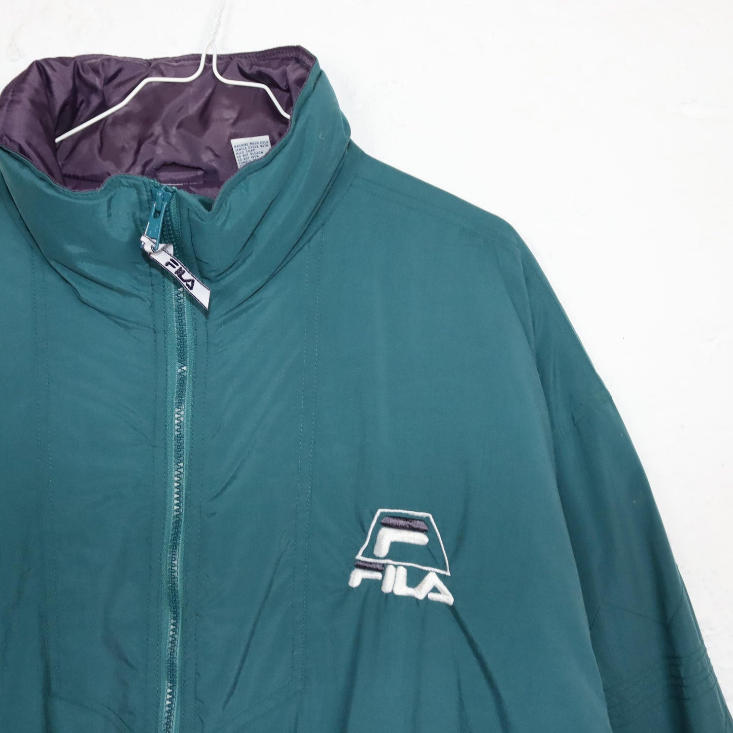 Vintage 80s 90s FILA winter jacket lined green purple bomber jacket stand-up collar XL