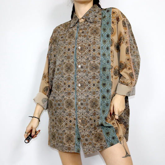 Vintage 80er 90er Bluse Hemdkleid Blusenkleid gemustert beige blau L