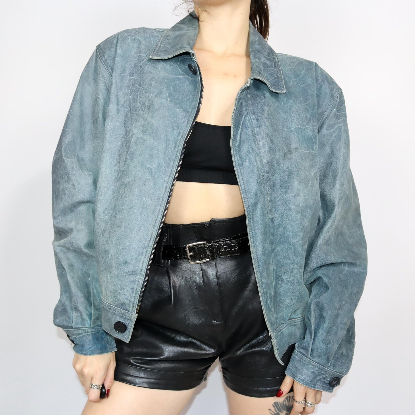 Vintage 80s 90s VERA PELLE leather jacket light blue used look M/L