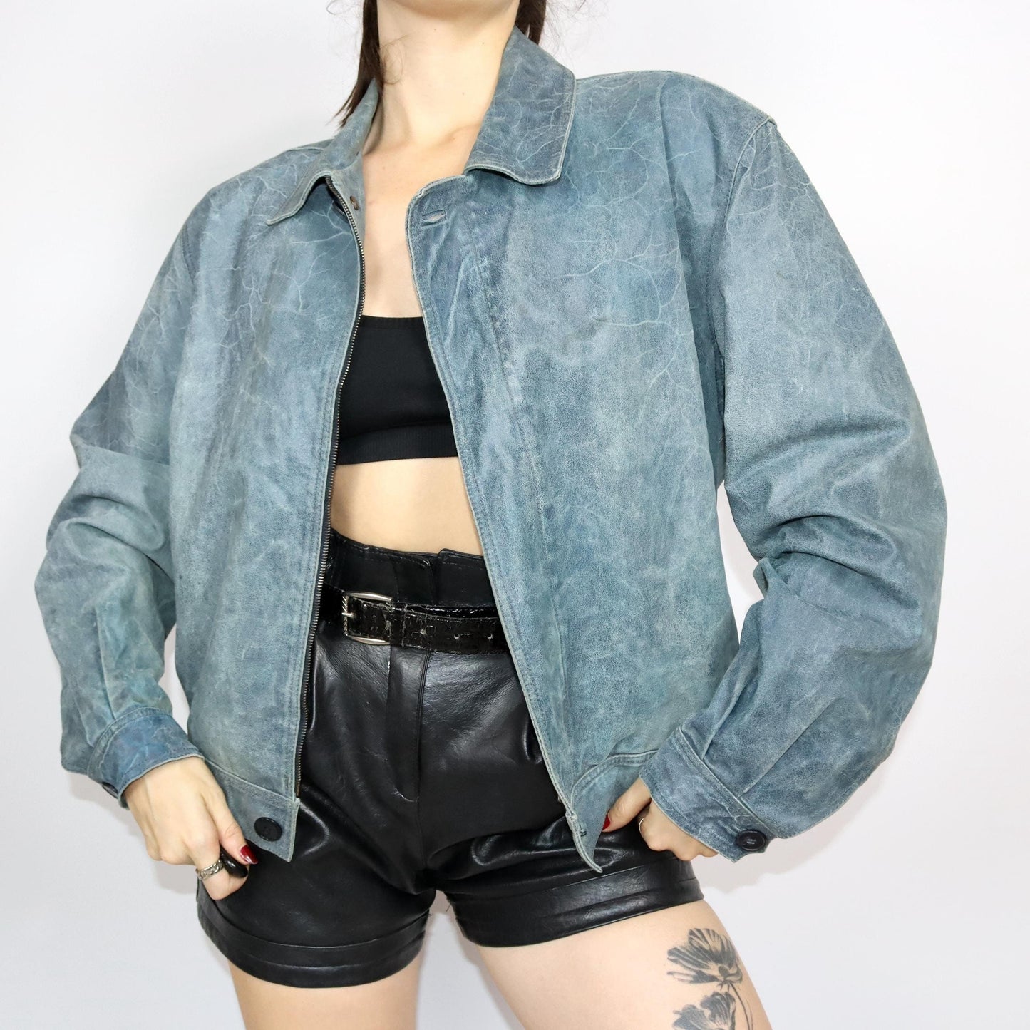 Vintage 80s 90s VERA PELLE leather jacket light blue used look M/L
