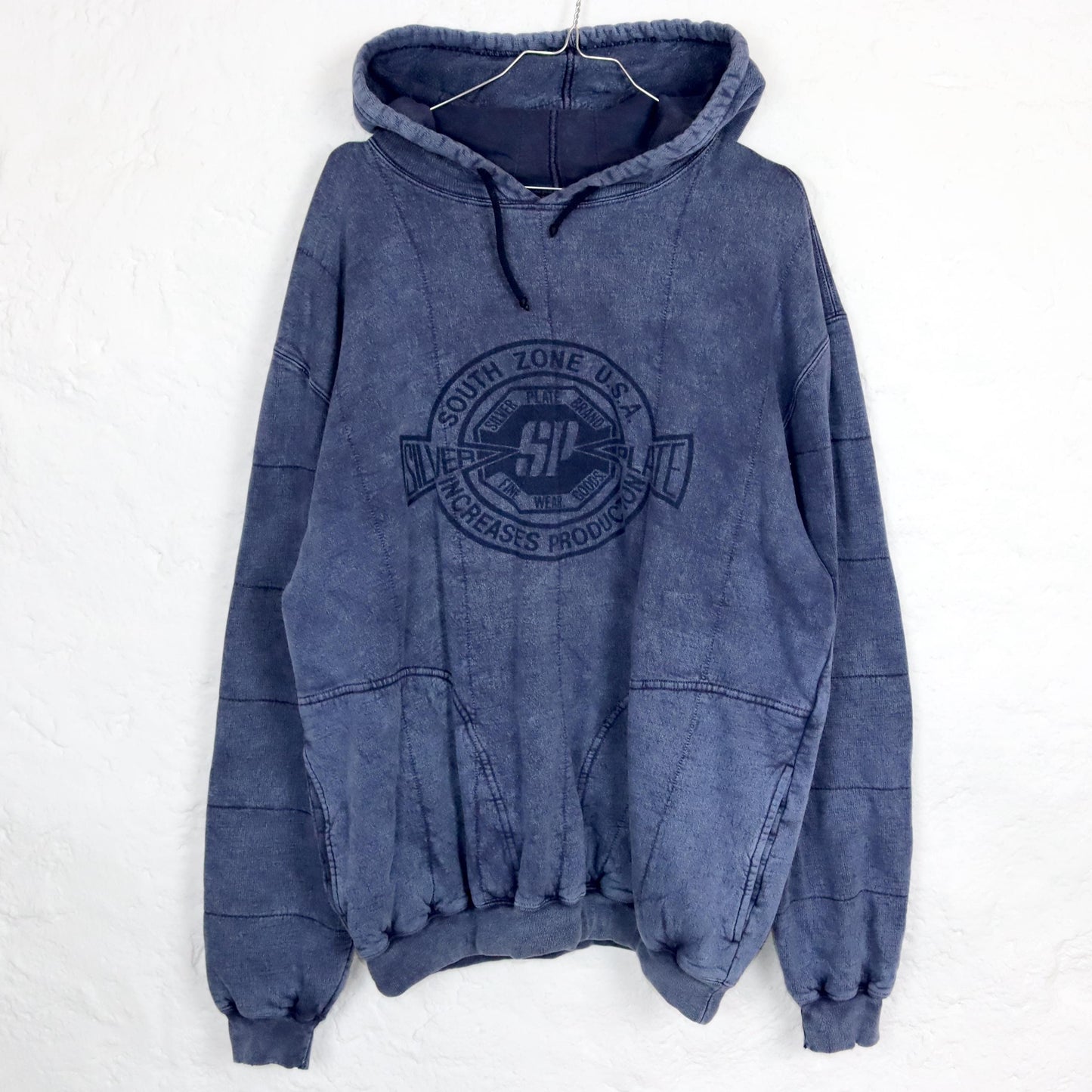 Vintage 80er 90er SILVER PLATE Hoodie dicker Pullover doppellagig used look dunkelblau Print