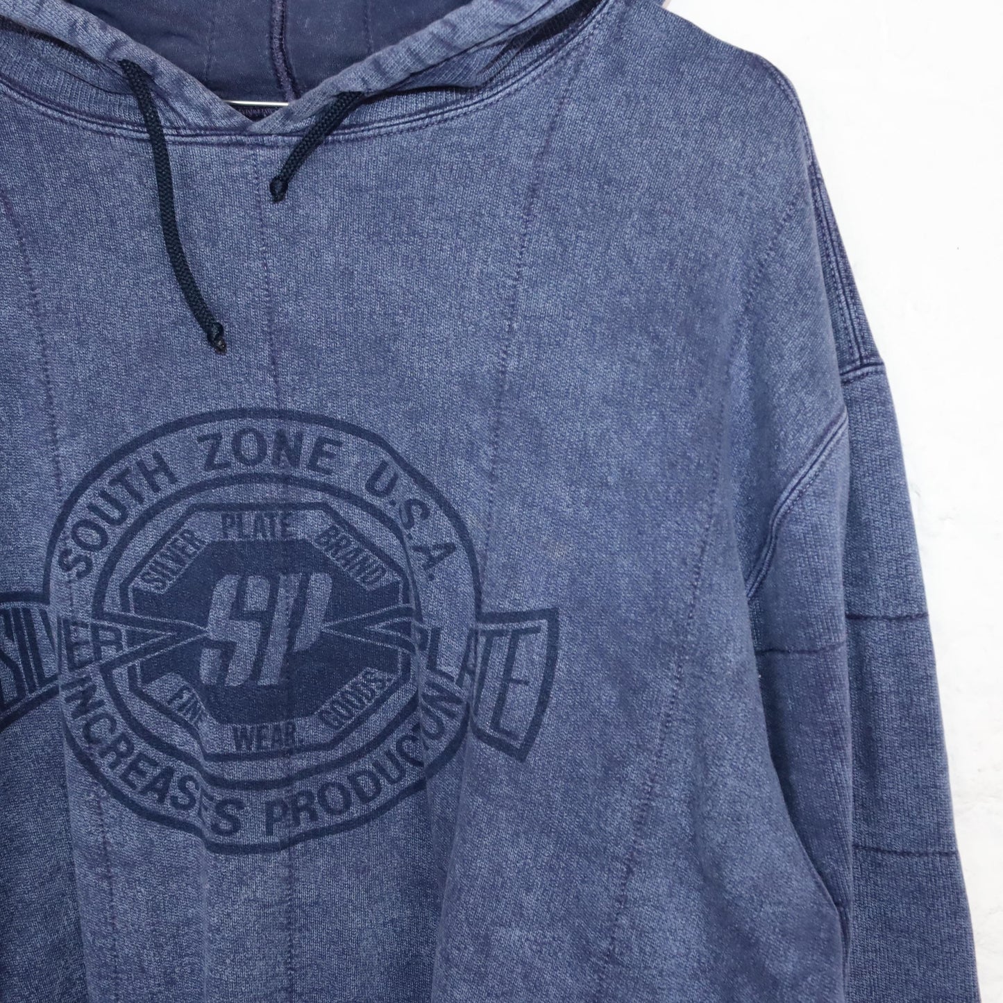 Vintage 80er 90er SILVER PLATE Hoodie dicker Pullover doppellagig used look dunkelblau Print