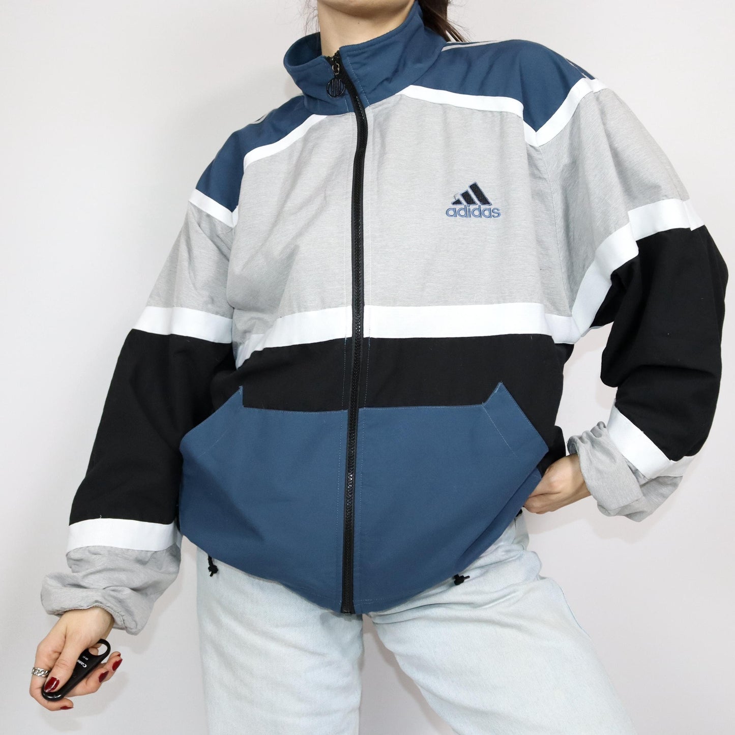 Vintage 80s 90s ADIDAS tracksuit jacket stand-up collar white grey blue D7 L