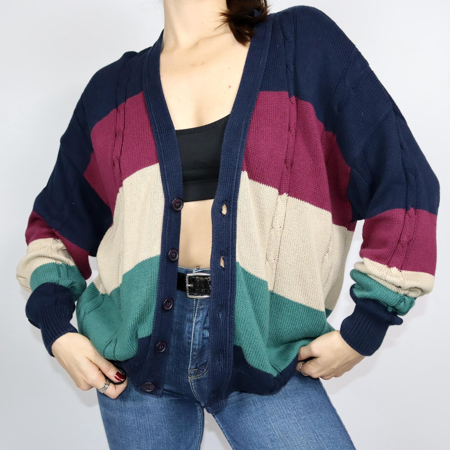 Vintage 80er 90er CONTE OF FLORENCE Strickjacke Cardigan gestreift Knopfleiste 52 L