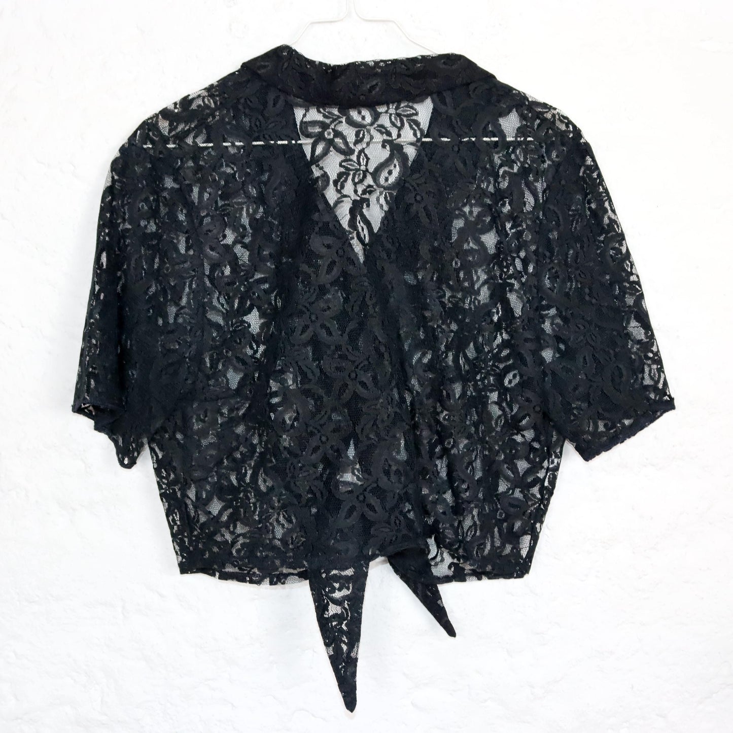 Vintage 80s 90s blouse short sleeve crop top with tie lace black M