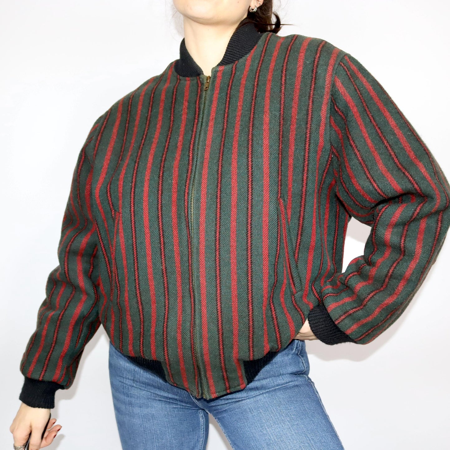 Vintage 80s 90s REDMAN bomber jacket wool lightly lined striped dark green red M