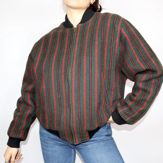 Vintage 80er 90er REDMAN Bomberjacke Wolle leicht gefüttert gestreift dunkelgrün rot M
