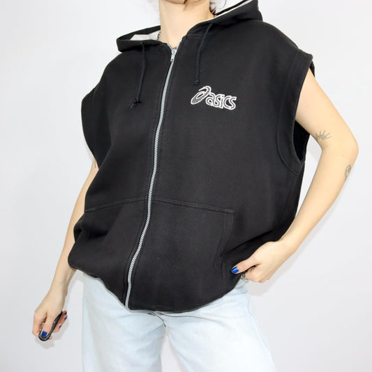 Vintage 80er 90er ASICS Weste Sweatweste Kapuze schwarz grau XXL