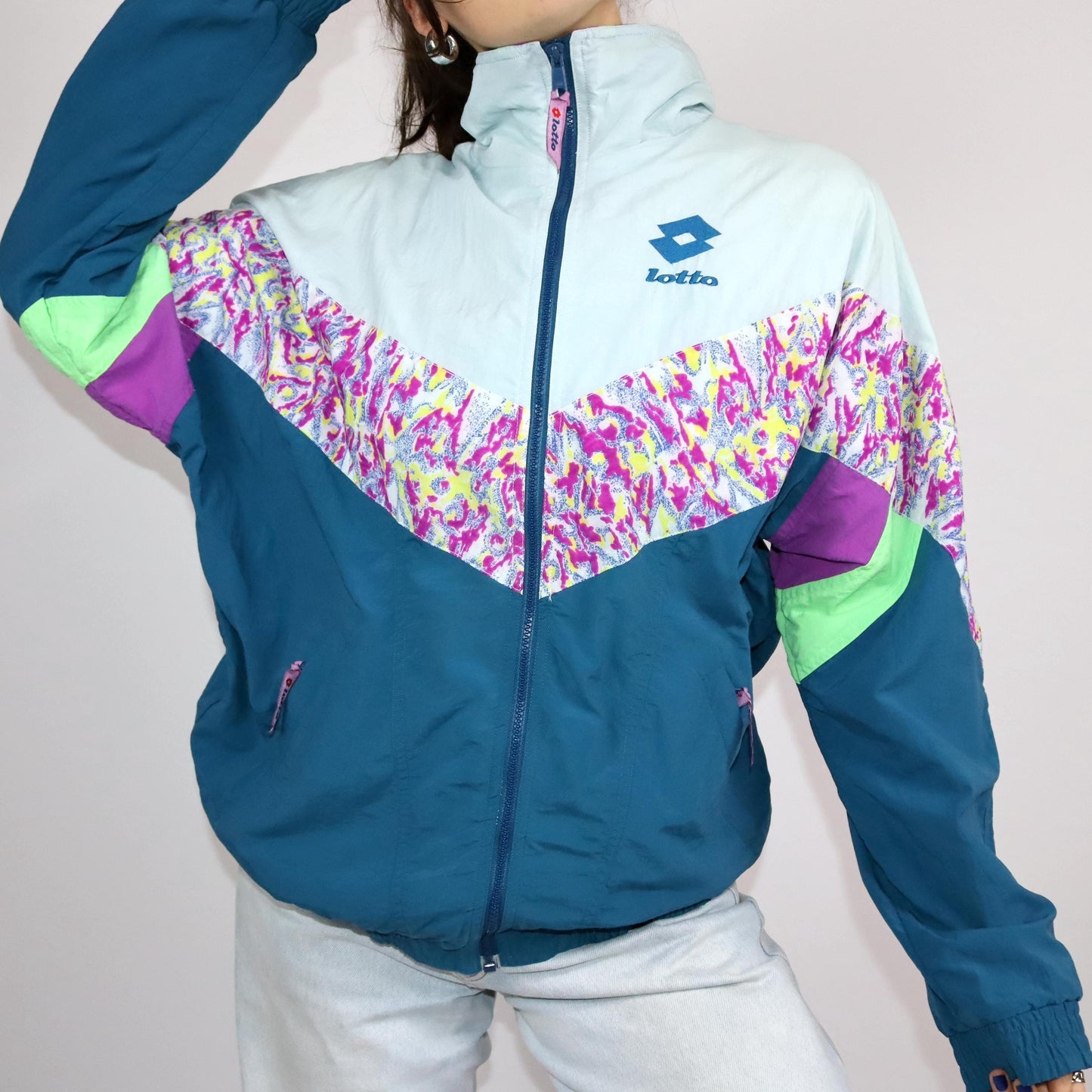 Vintage 80s 90s LOTTO tracksuit jacket stand-up collar colorful crazy pattern L