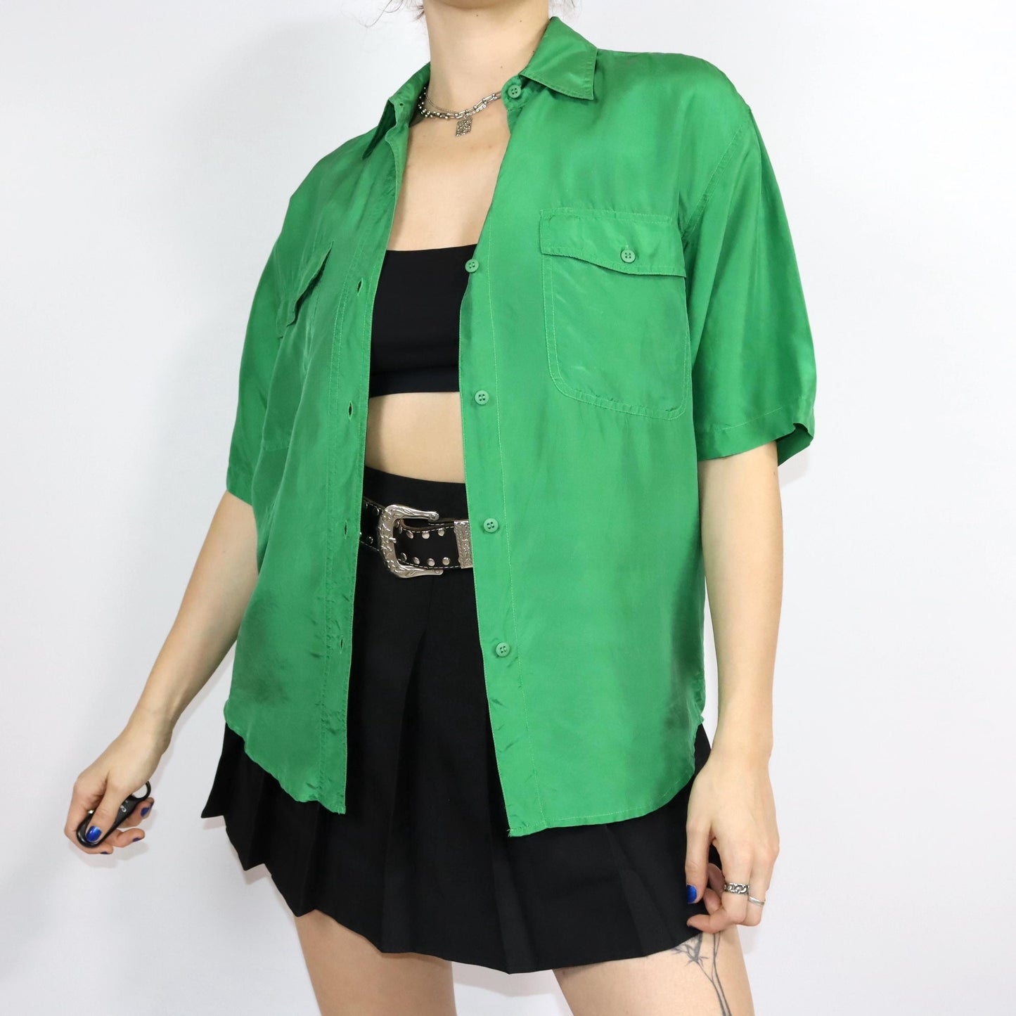 Vintage 80s 90s PURA SETA silk shirt short sleeve silk green S