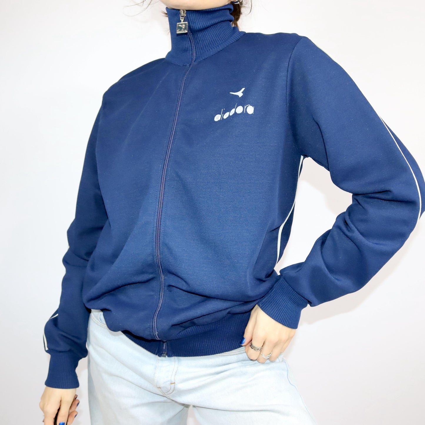 Vintage 80s 90s DIADORA tracksuit jacket stand-up collar dark blue tight M/L