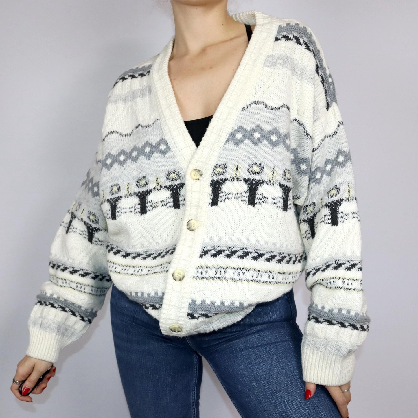 Vintage 80er 90er Cardigan Wollcardigan Wolle Strickjacke cremeweiß gemustert L