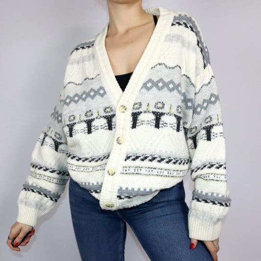 Vintage 80er 90er Cardigan Wollcardigan Wolle Strickjacke cremeweiß gemustert L