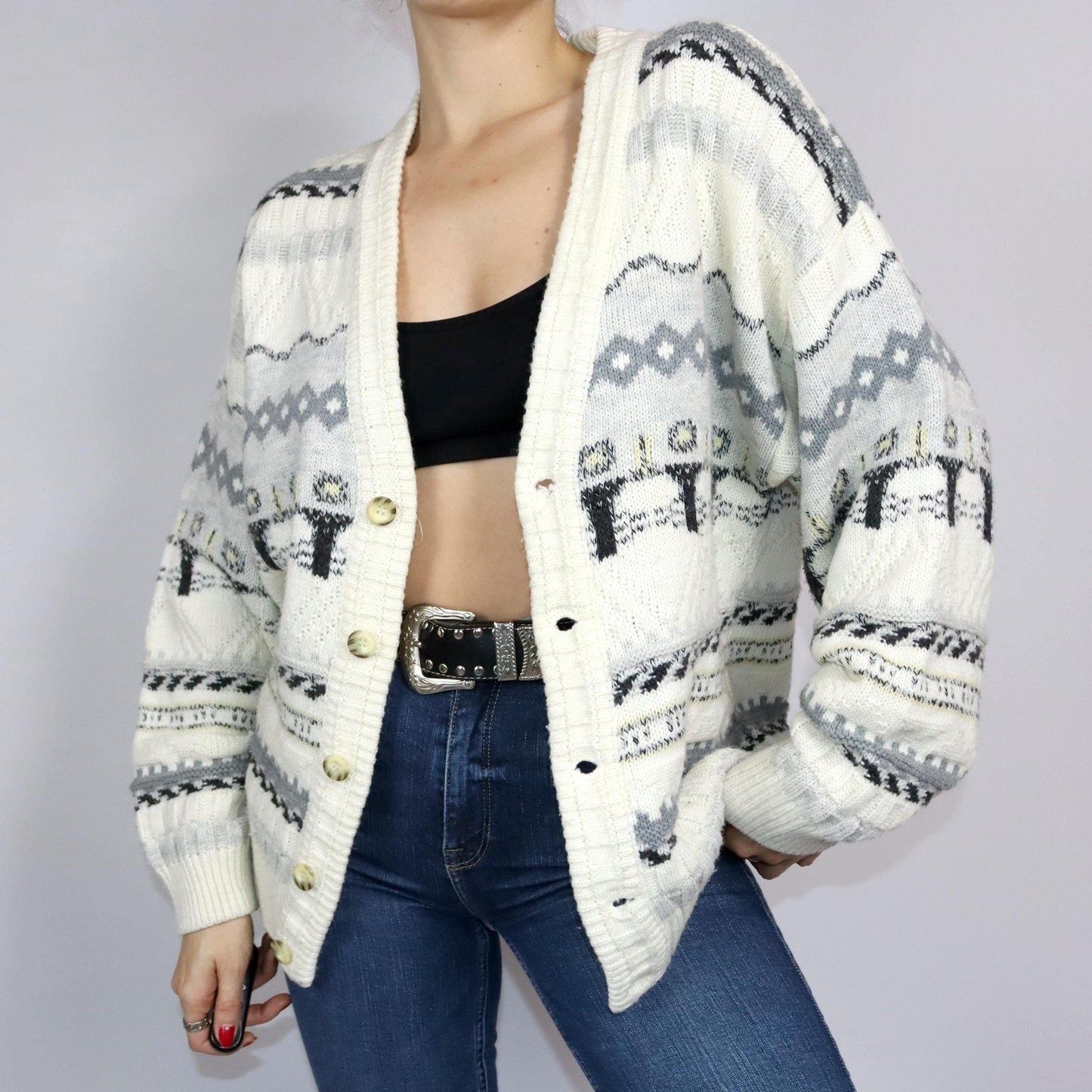 Vintage 80er 90er Cardigan Wollcardigan Wolle Strickjacke cremeweiß gemustert L