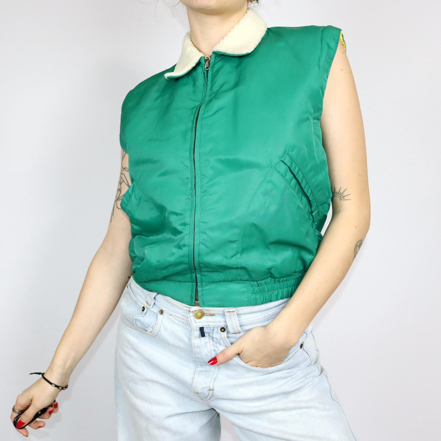 Vintage 80s 90s LES CAMBRUSIERS vest lightly lined yellow green collar S 38