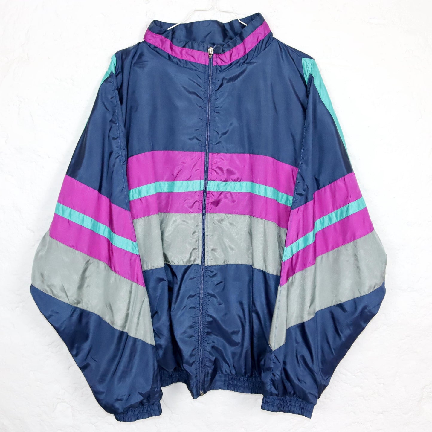 Vintage 80s 90s tracksuit jacket sports jacket stand-up collar shiny double-layered purple turquoise dark blue L