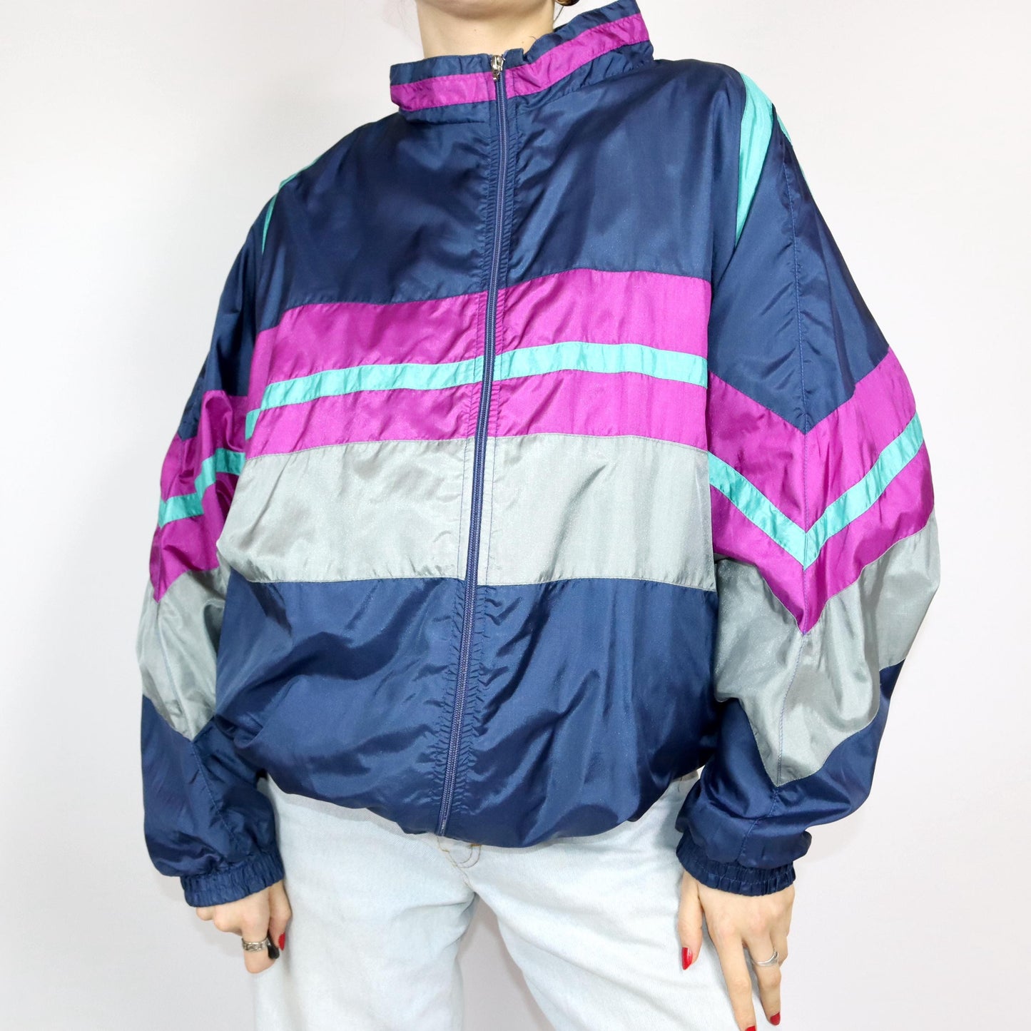 Vintage 80s 90s tracksuit jacket sports jacket stand-up collar shiny double-layered purple turquoise dark blue L