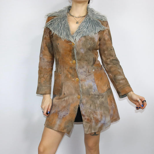 Vintage 80er 90er Y2k ESSENZA Mantel Jacke gefüttert Afghan Penny Lane grau braun lila S/M