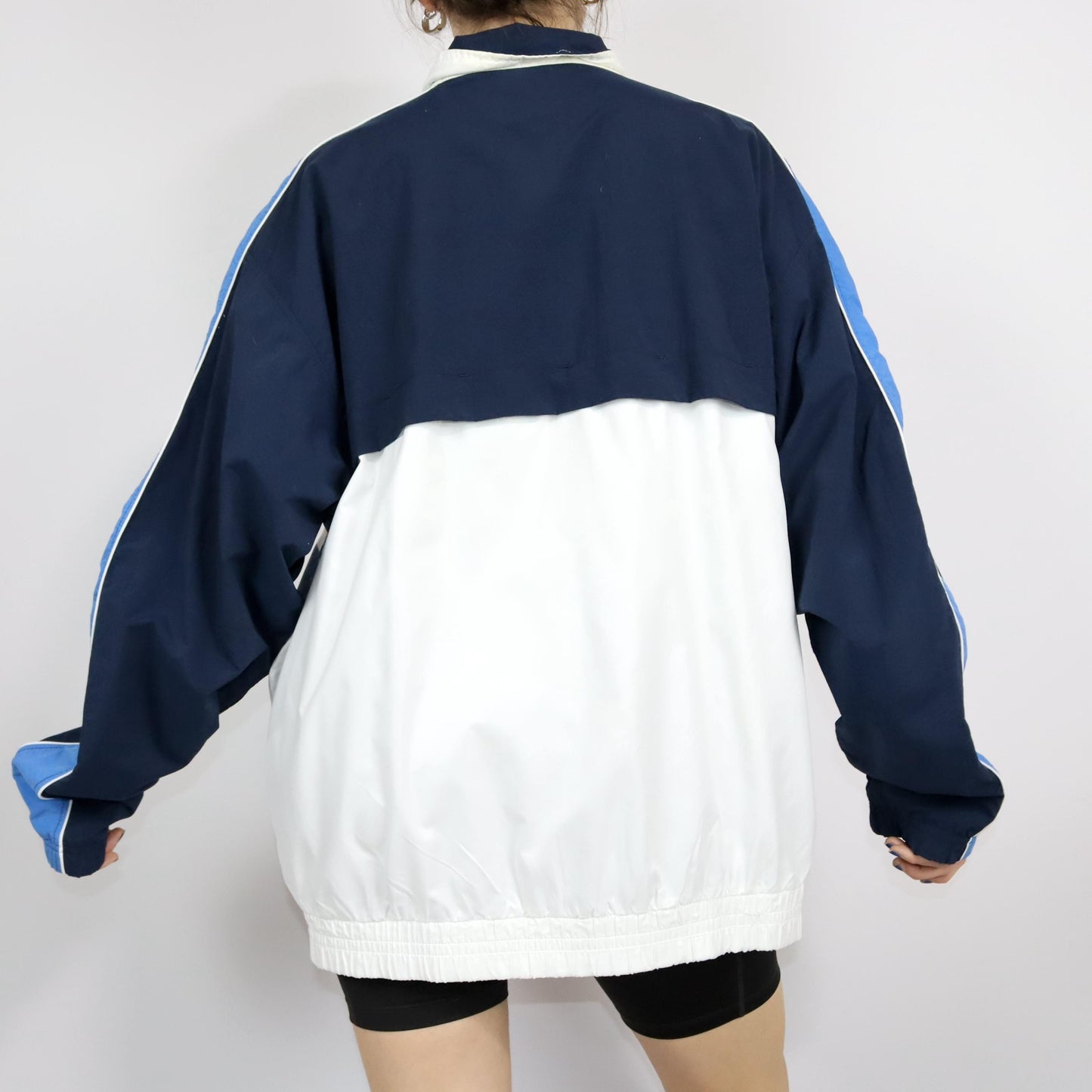 Vintage 80s 90s ASICS tracksuit jacket stand-up collar white blue crazy pattern XXL