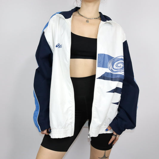 Vintage 80s 90s ASICS tracksuit jacket stand-up collar white blue crazy pattern XXL