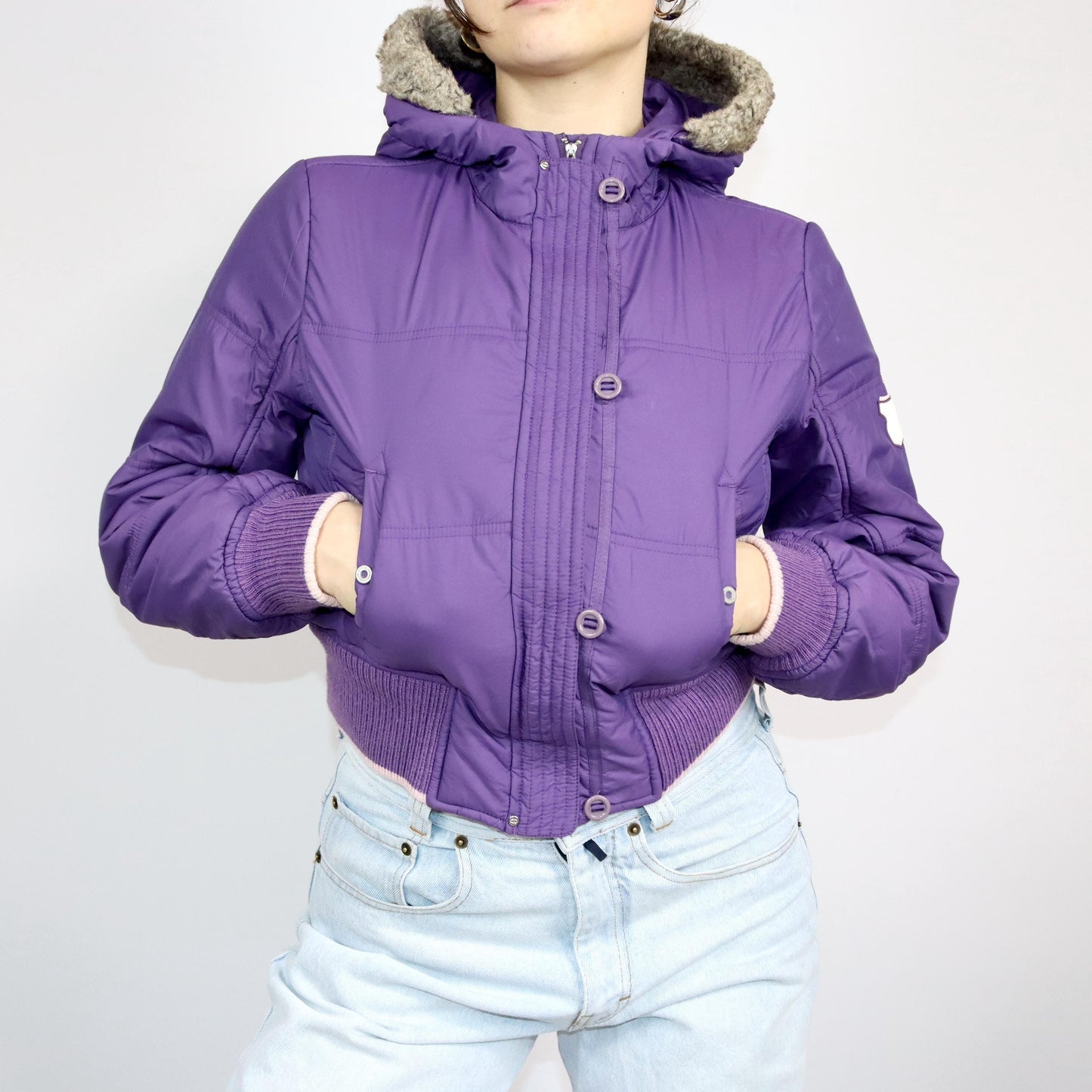 Vintage 80s 90s CHAMPION winter jacket bomber jacket purple hood lined M