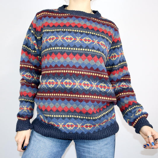 Vintage 80er 90er LUCIANO Wollpullover Strickpullover gemustert bunt XXL