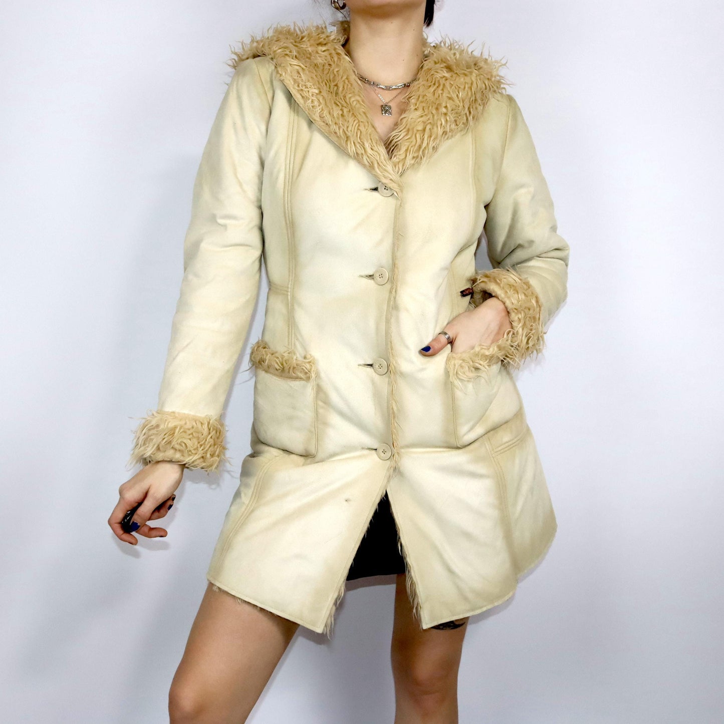 Vintage 80s 90s Y2k ESSENZA coat Afghan Penny Lane beige hood M