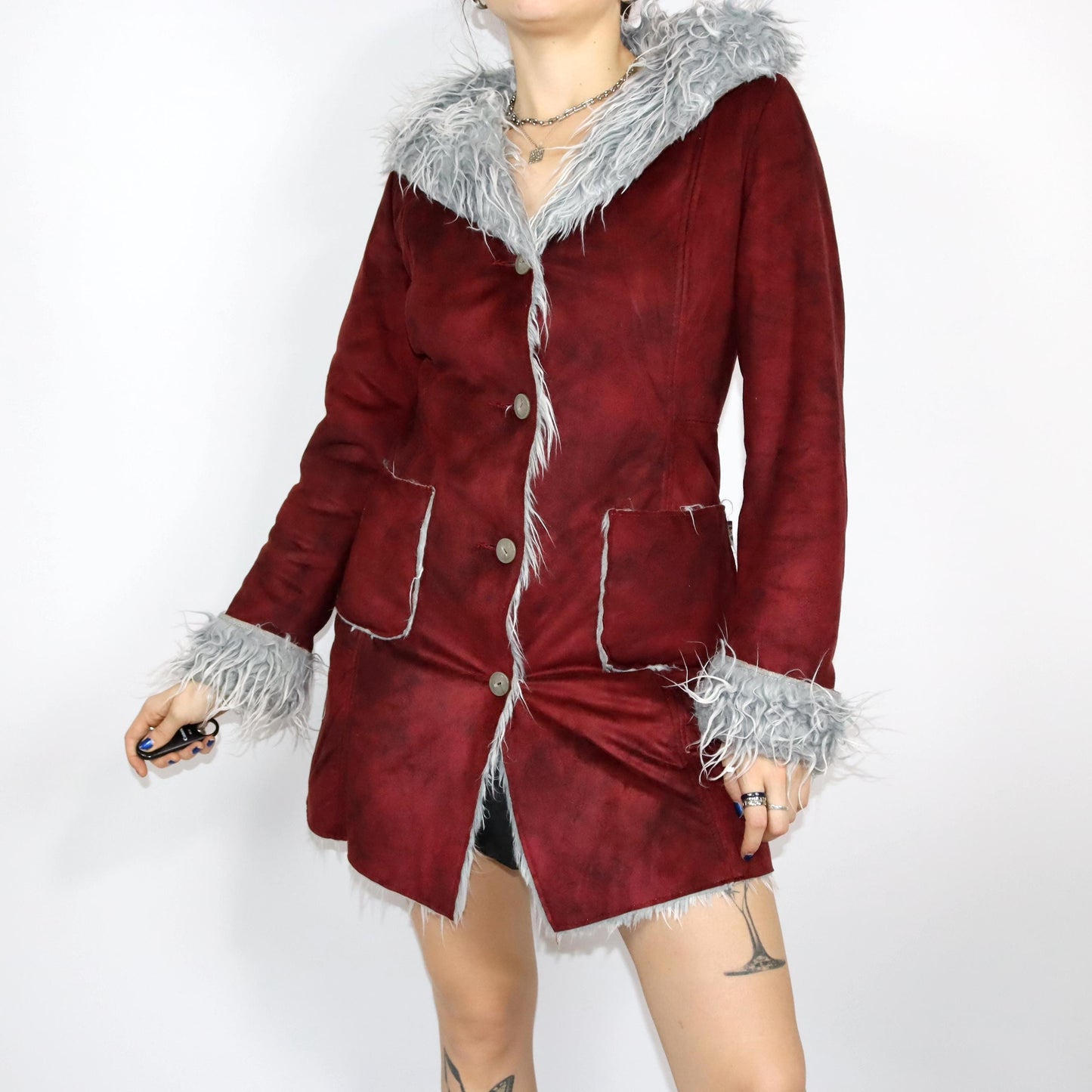 Vintage 80s 90s ESSENZA coat Afghan Penny Lane hood dark red S