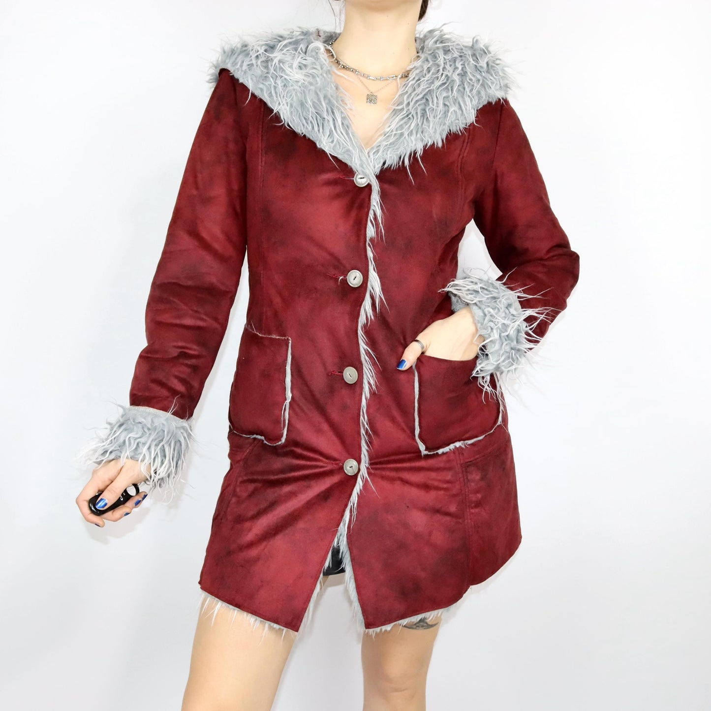 Vintage 80s 90s ESSENZA coat Afghan Penny Lane hood dark red S