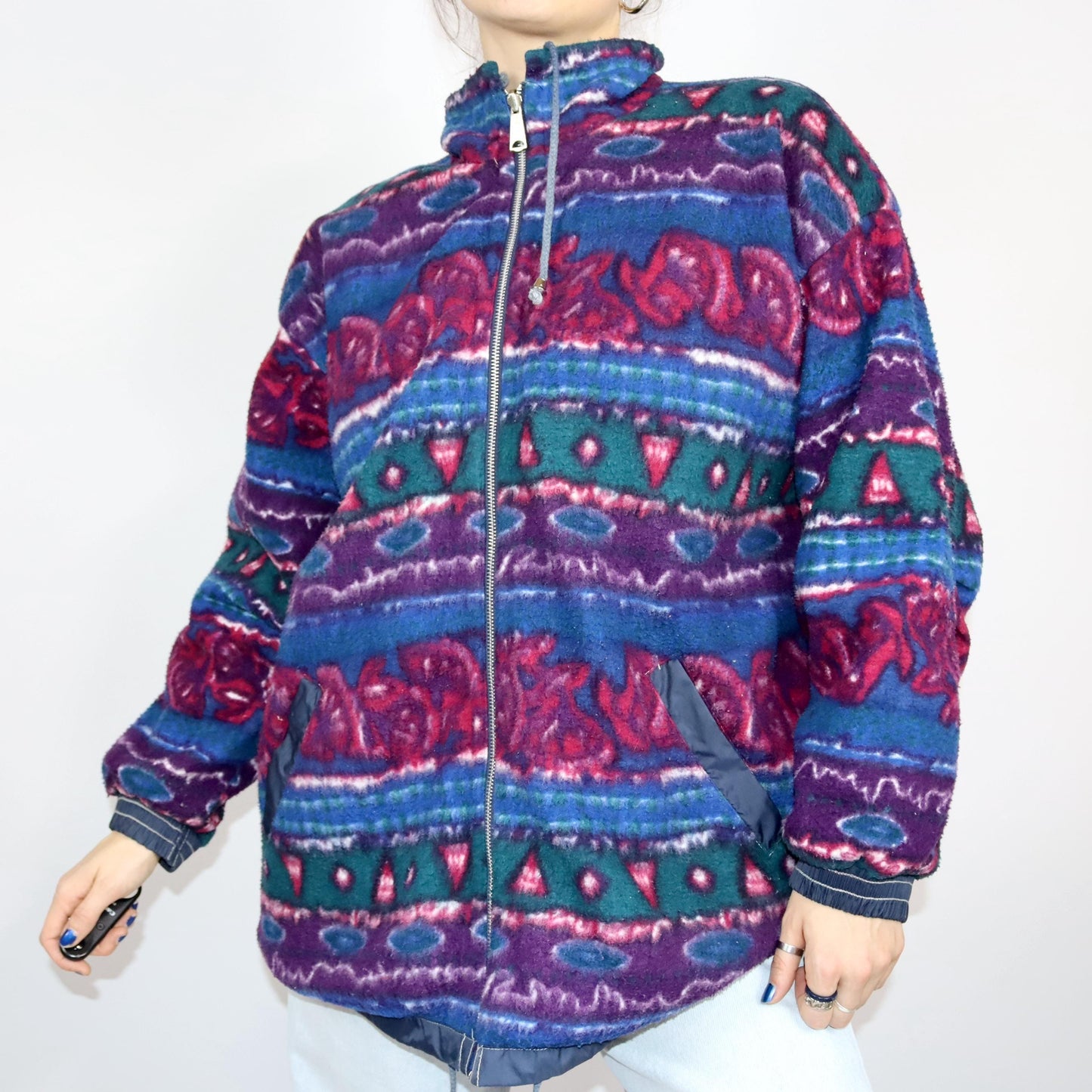 Vintage 80s 90s MERRYL reversible jacket windbreaker fleece jacket dark blue crazy pattern 46/48 L