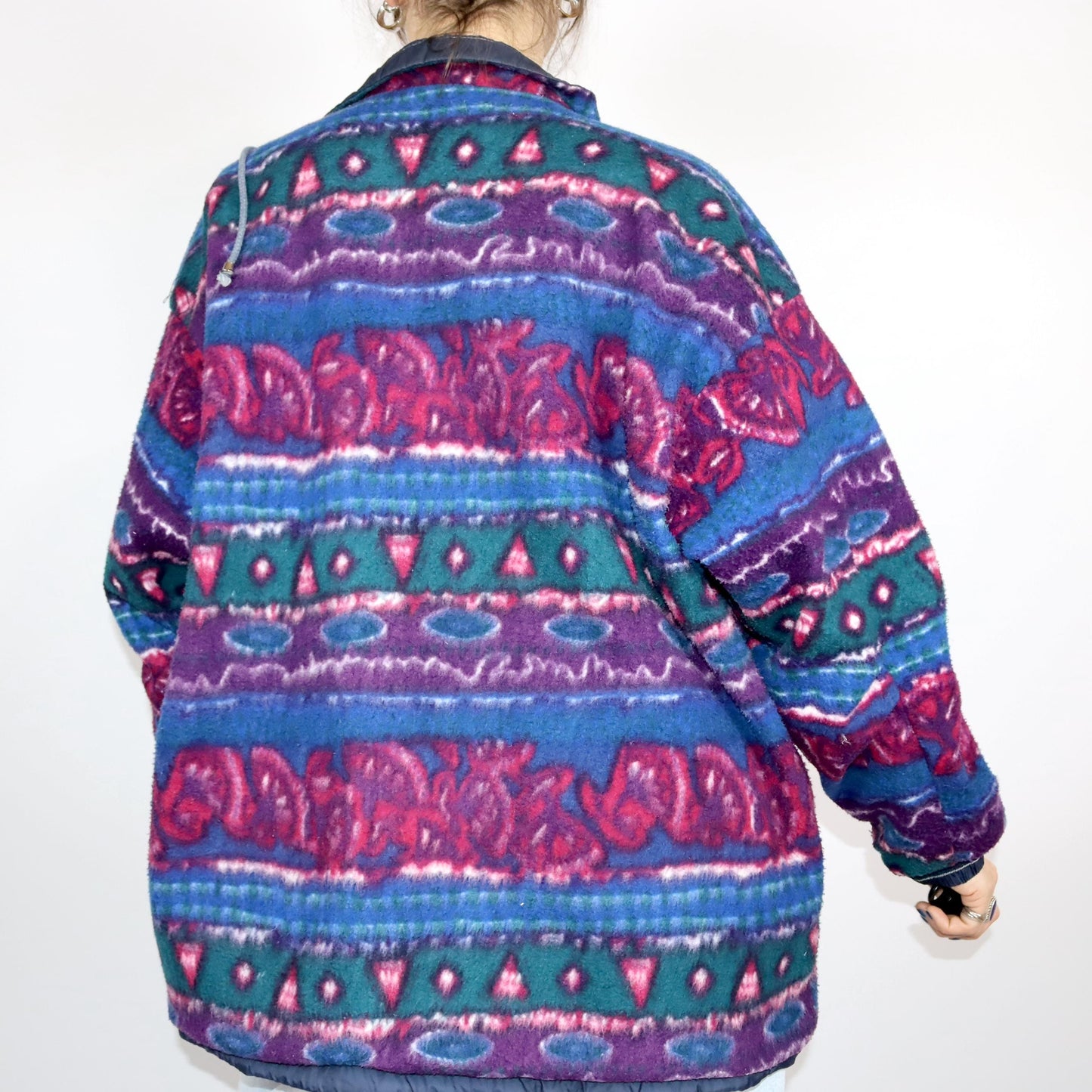 Vintage 80s 90s MERRYL reversible jacket windbreaker fleece jacket dark blue crazy pattern 46/48 L