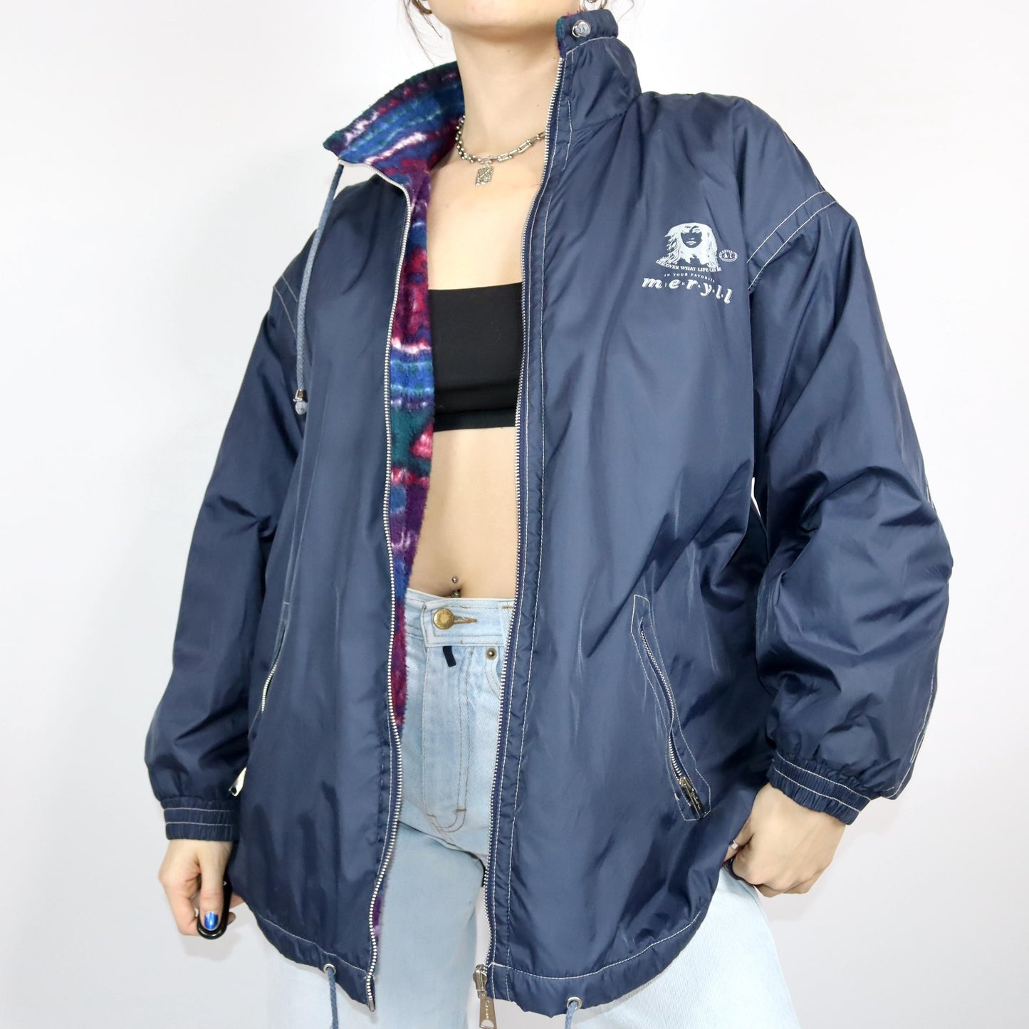 Vintage 80s 90s MERRYL reversible jacket windbreaker fleece jacket dark blue crazy pattern 46/48 L