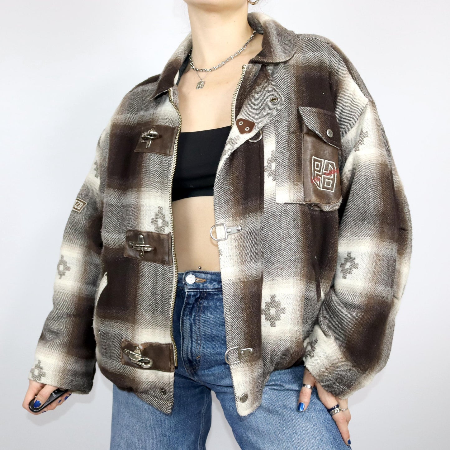 Vintage 80s 90s ESSENZA winter jacket lightly lined patterned beige brown wool M