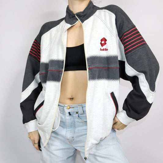 Vintage 80er 90er LOTTO Tennis Jacke Sweatshirt Stehkragen grau rot L