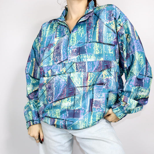 Vintage 80er 90er BENGER Regenjacke Windbreaker Überziehjacke crazy pattern türkis lila L