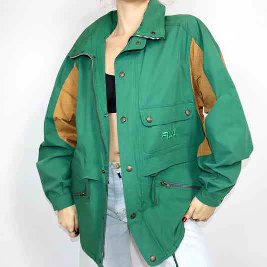 Vintage 80s 90s FILA thin jacket transition jacket green beige with hood L