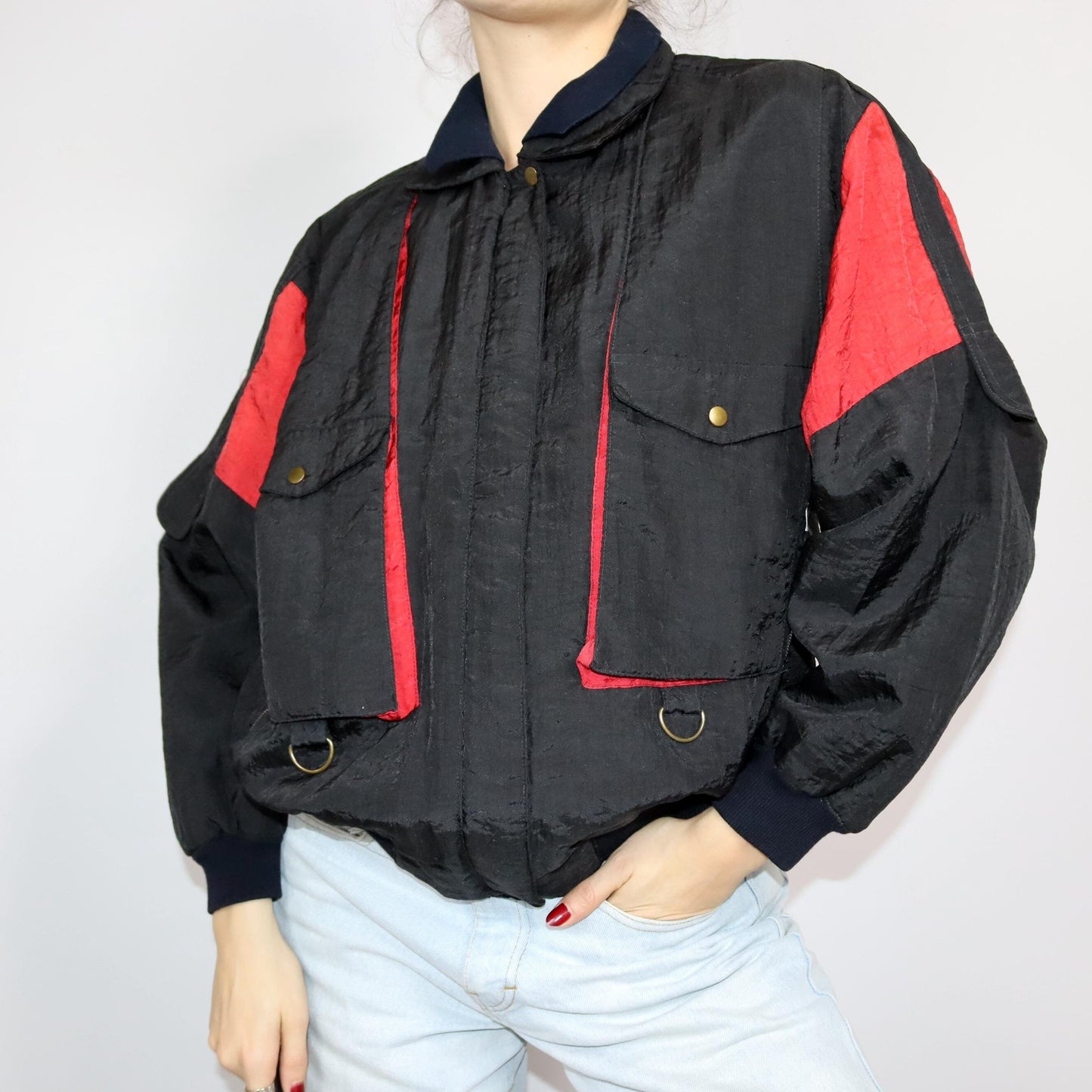 Vintage 80s 90s LADIES FASHION jacket lightly lined collar black red shiny M