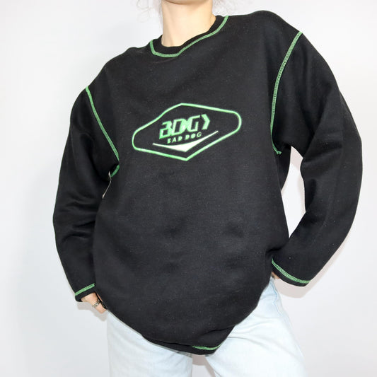 Vintage 80er 90er BAD DOG Sweatshirt Pullover schwarz neongrün XL