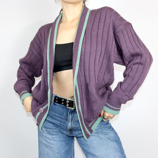 Vintage 80er 90er Cardigan Strickjacke Knopfleiste lila Flieder türkis 44/46
