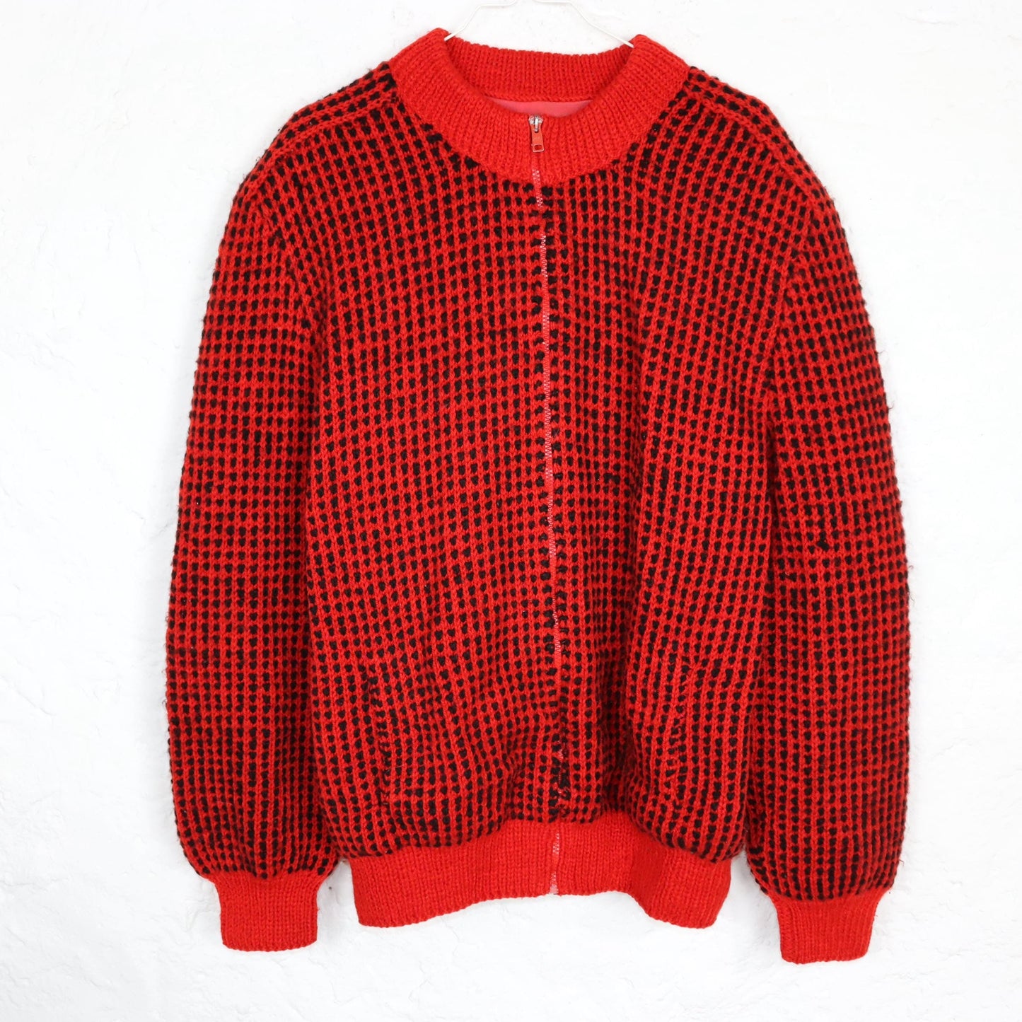 Vintage 80s 90s wool jacket thick cardigan wool double layer black red shoulder pads zipper M