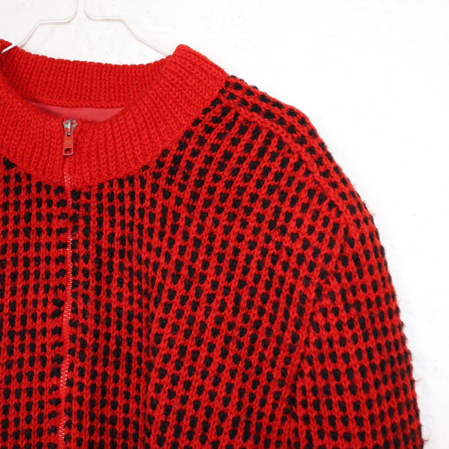 Vintage 80s 90s wool jacket thick cardigan wool double layer black red shoulder pads zipper M