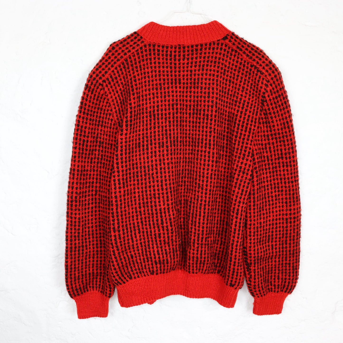 Vintage 80s 90s wool jacket thick cardigan wool double layer black red shoulder pads zipper M
