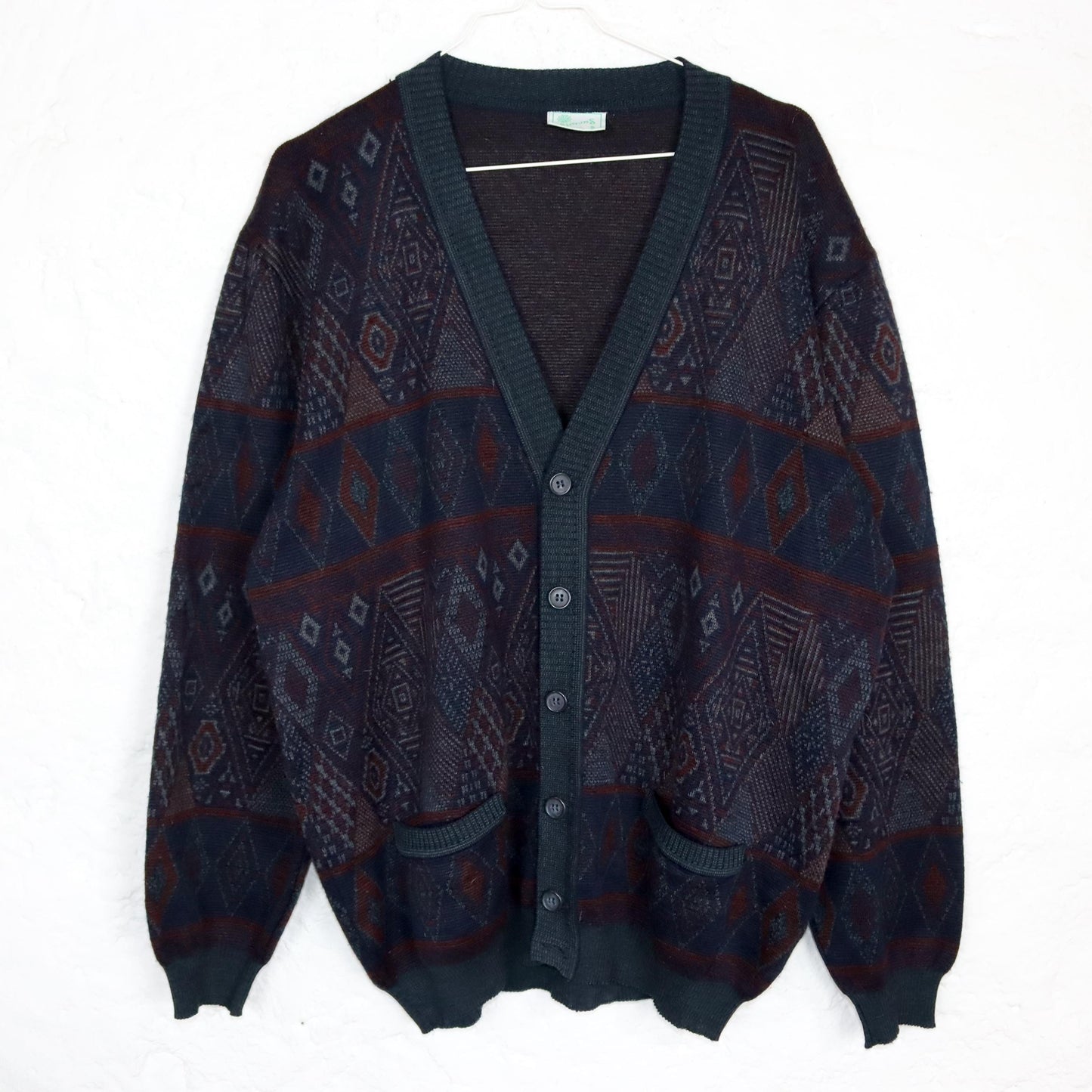 Vintage 80s 90s SIMONS Cardigan patterned button placket wool cardigan wool M/L