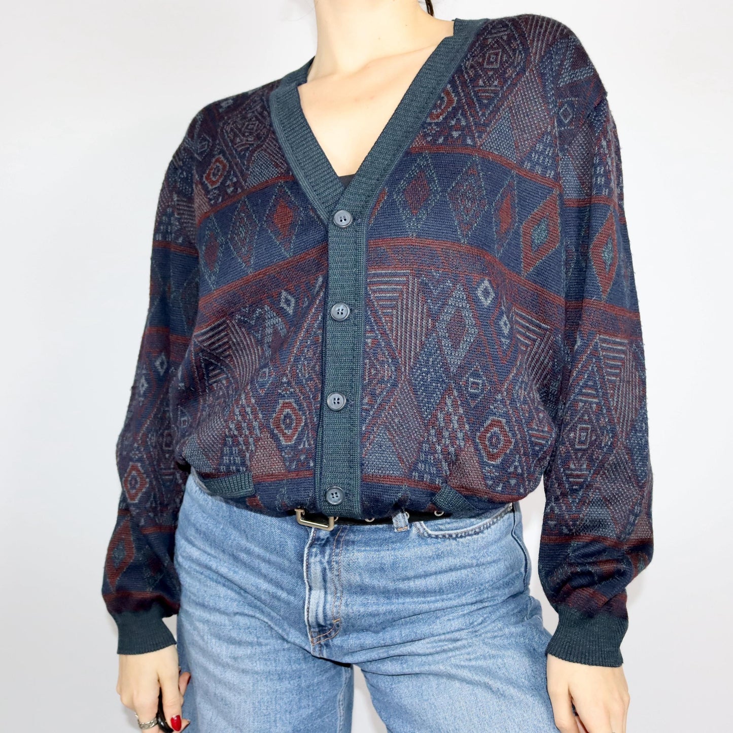 Vintage 80s 90s SIMONS Cardigan patterned button placket wool cardigan wool M/L