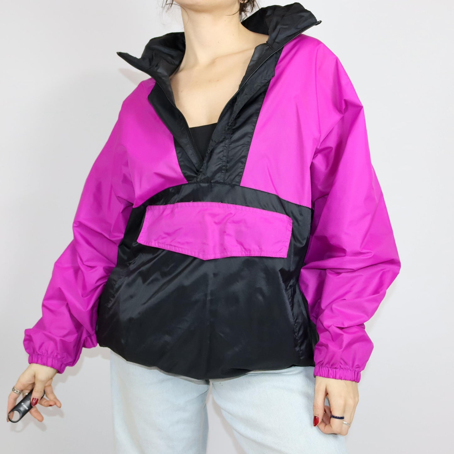 Vintage 80s 90s rain jacket windbreaker overcoat pink black 52 L