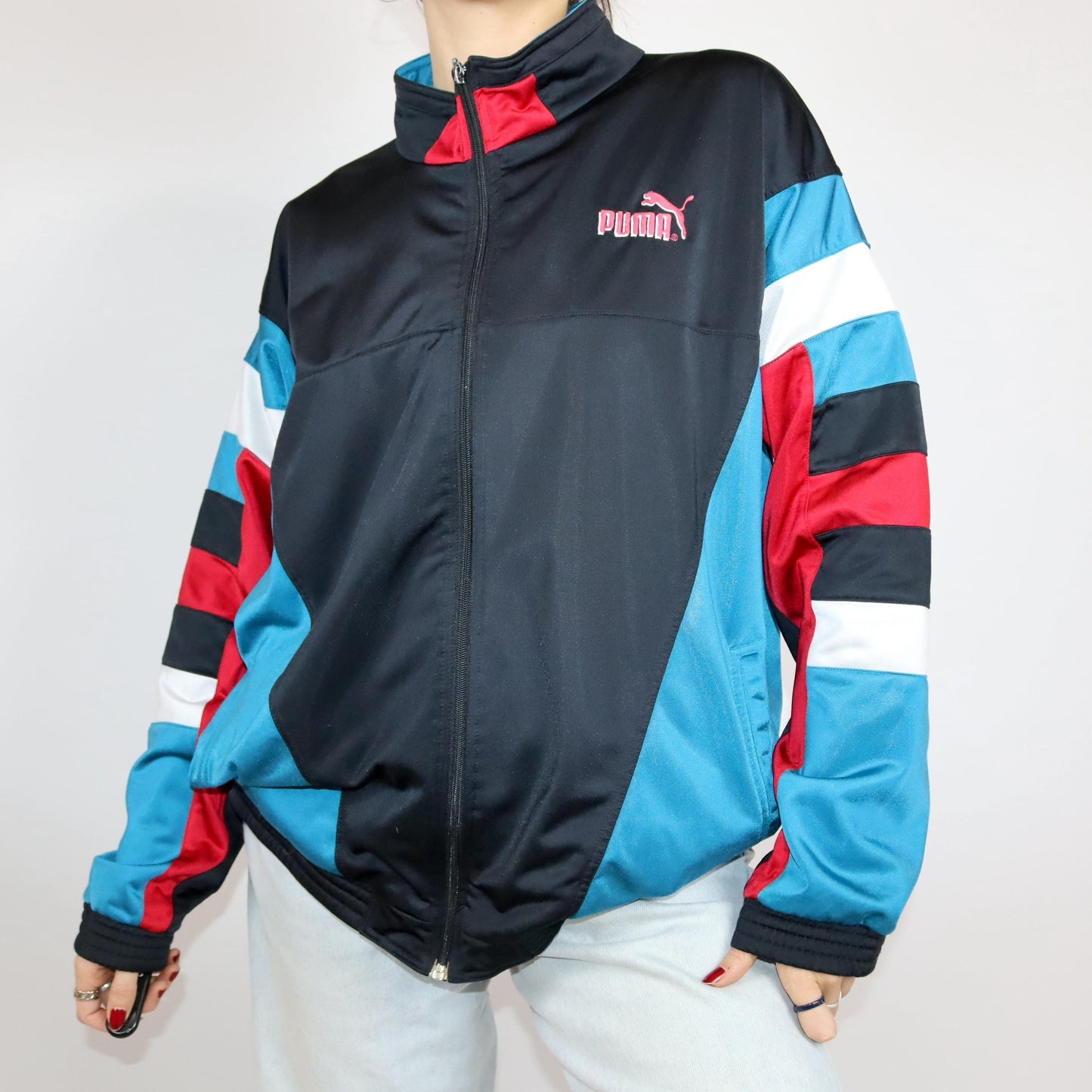 Vintage 80s 90s PUMA tracksuit jacket stand-up collar black blue red L