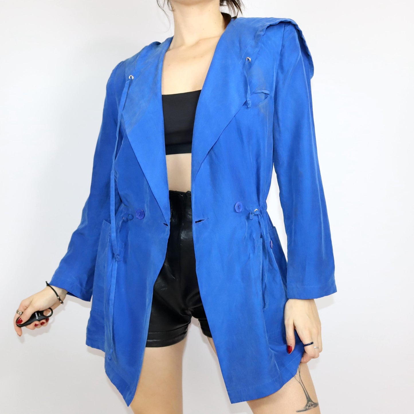 Vintage 80s 90s silk jacket coat silk shoulder pads blue hood 38