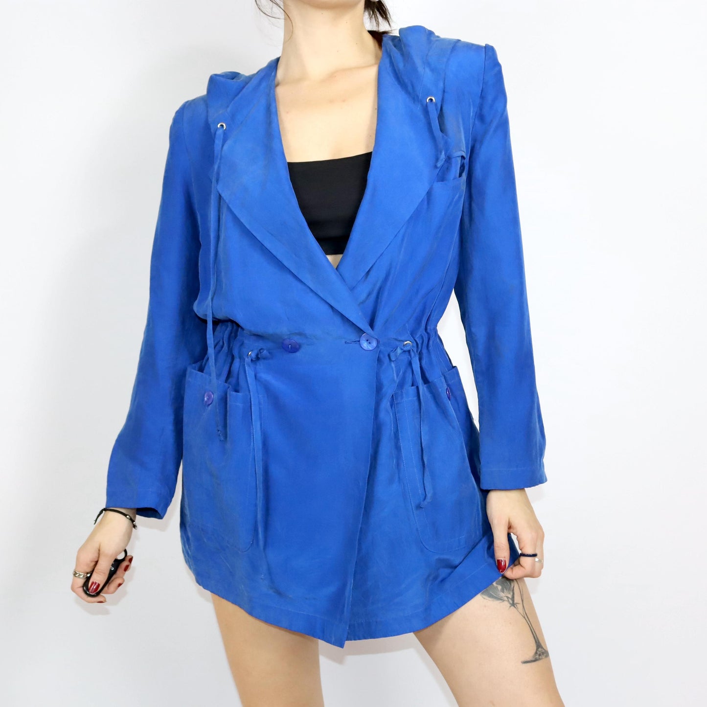 Vintage 80s 90s silk jacket coat silk shoulder pads blue hood 38